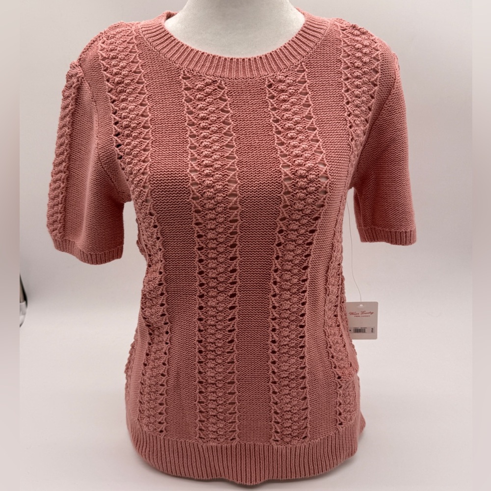 Lucky Brand Pink Crochet Knit Sweater NWT Size M Short Sleeve Feminine Spring